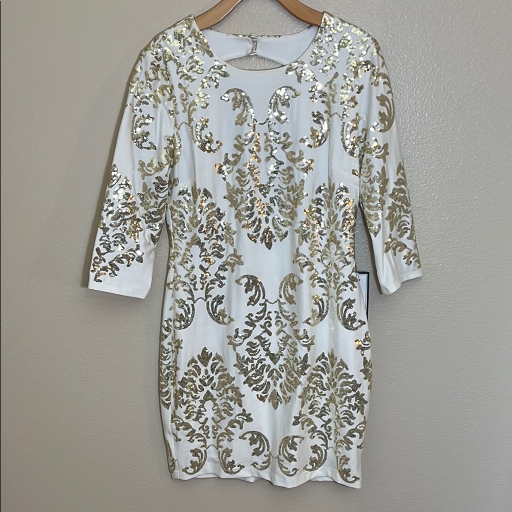 NWT B. Darlin Elegant Prom Homecoming Beige Gold Sequin Lined Dress